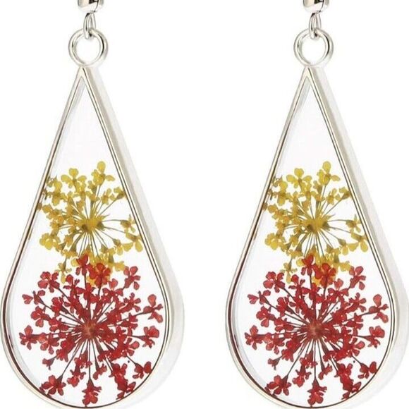 Pressed Flower Teardrop Earrings Dry Flowers Drop Dangle Fashion Jewelry - Picture 1 of 5
